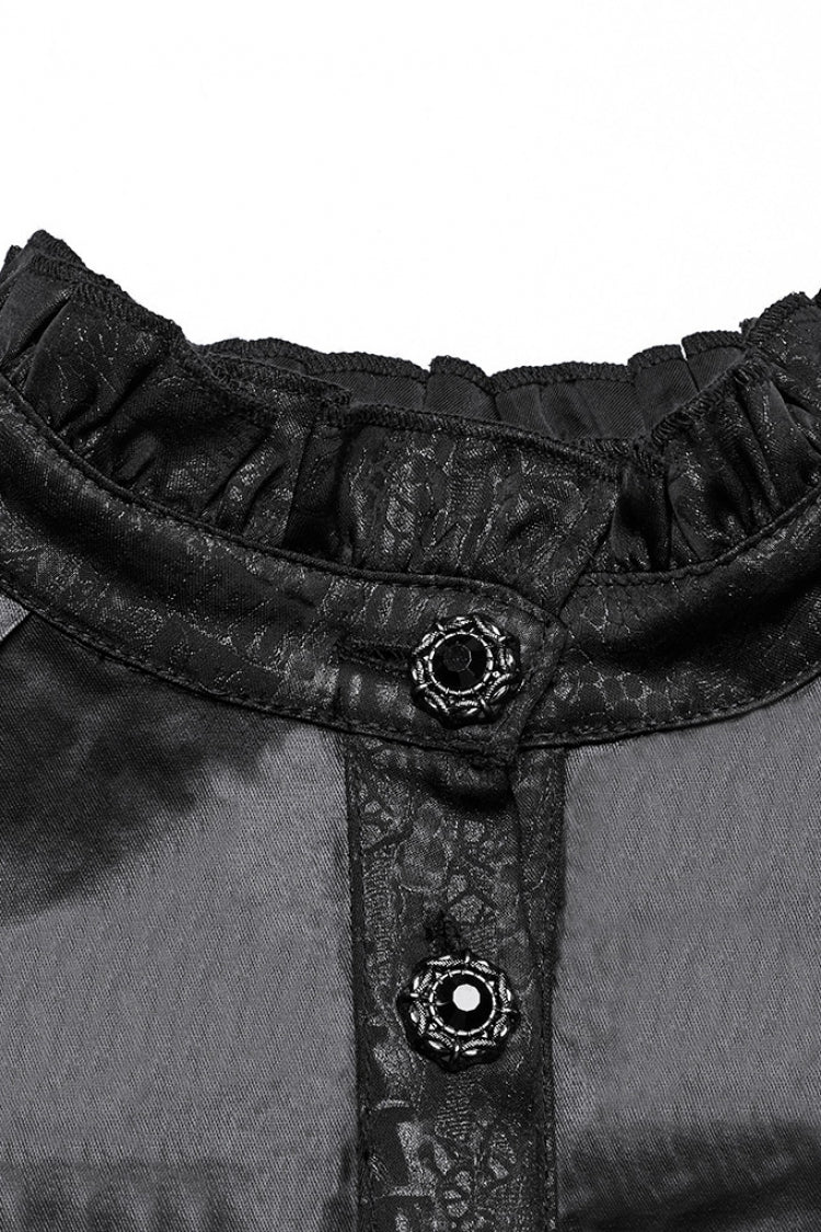 Black Stand Collar Long Puff Sleeves Faux Leather Stitching Women's Gothic Blouse - Product - 5
