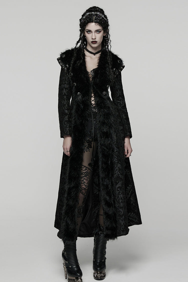 Black Lapel Collar Long Sleeves Floral Printed Plush Spliced Women's Gothic Coat - Product - 4