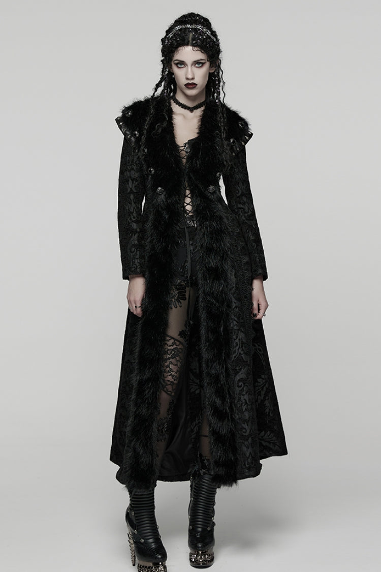 Black Lapel Collar Long Sleeves Floral Printed Plush Spliced Women's Gothic Coat - Product - 4