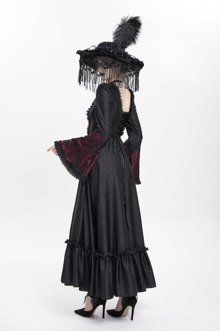 Red Long Sleeves Floral Embroidery Lace-Up Pleated Women's Gothic Dress - Product - 3