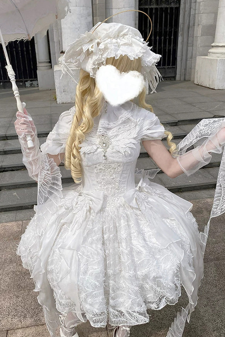 White [Feathers Floating In The Air] Square Collar Flutter Sleeves Embroidered Bow Lace Sweet Lolita Jsk Dress - Product - 9
