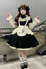 Black Short Sleeves Stripe Print Ruffle Bowknot Sweet Plus Size Maid Lolita Dress - Product - 5
