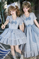 Blue [Seven Day Bell] Navy Collar Short Sleeves Printed Ruffled Bow Sweet Lolita Dress 2 Versions - Product - 9