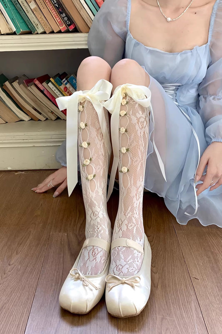 Flower Cut-Out Lace Bow Sweet Lolita Stockings 2 Colors - Cream (With Flowers) - 1