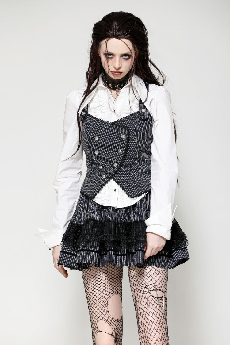 Black/White Striped Buckled Women's Gothic College Style Vest - Product - 2