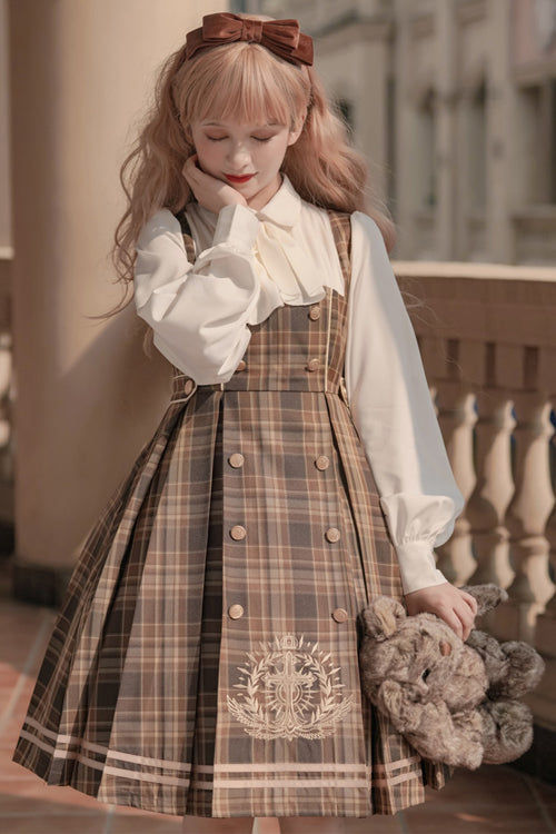 Detective Girl Lapel Collar Double Breasted Embroidery Fake Two Pieces Plaid Sweet Lolita OP Dress - Product - 3