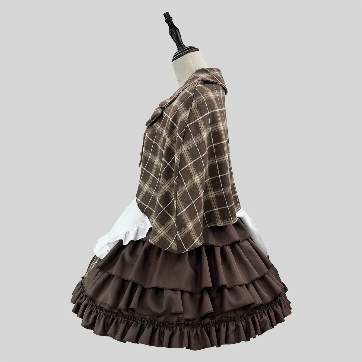 Brown Plaid Lolita Maid Dress Set Ruffled Apron Short Sleeve Bow Accent - view 5