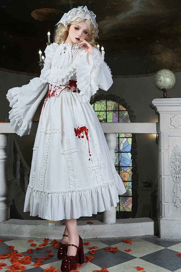 White [Cross Doll] Long Hime Sleeves Ruffle Lace Gothic Lolita Dress Set 2 Versions - Product - 12