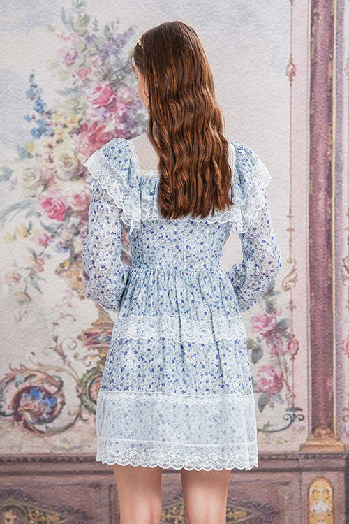 Blue Chiffon Stand Collar French Lace Floral Embroidered Trumpet Long Sleeves Ruffled Sweet Lolita OP Dress - Product - 5