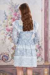 Blue Chiffon Stand Collar French Lace Floral Embroidered Trumpet Long Sleeves Ruffled Sweet Lolita OP Dress - Product - 5