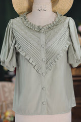 Elegant Short Sleeves Lace Round Neck Waves Dream Sweet Lolita Blouse 4 Colors - Green - 5