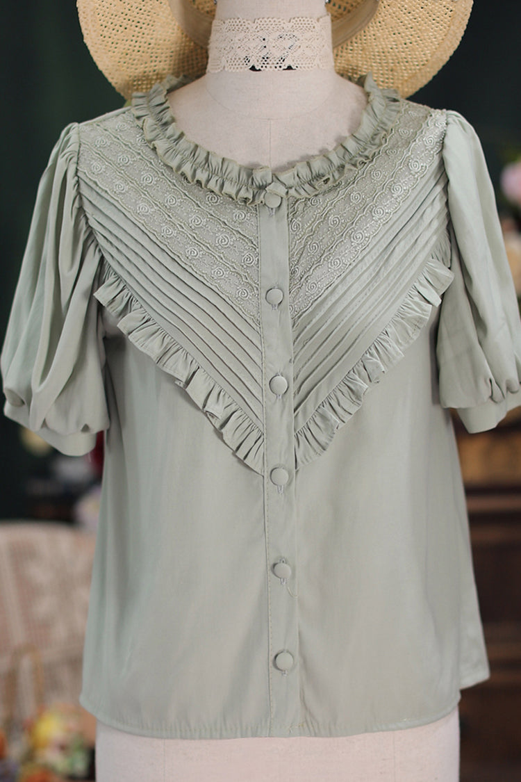 Elegant Short Sleeves Lace Round Neck Waves Dream Sweet Lolita Blouse 4 Colors - Green - 5