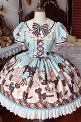 Brown [Peppermint Chocolate] Chocolate Cake Bear Print Ruffle Bowknot Lace-Up Sweet Lolita Dress - Product - 3