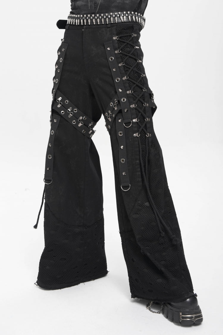 Black Spliced Lace-Up Mesh Ripped Men's Punk Baggy Pants - Product - 2