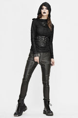 Black Punk Biker Block Shaped Patchwork Hand Rubbed Leather Womens Pants - Product - 7