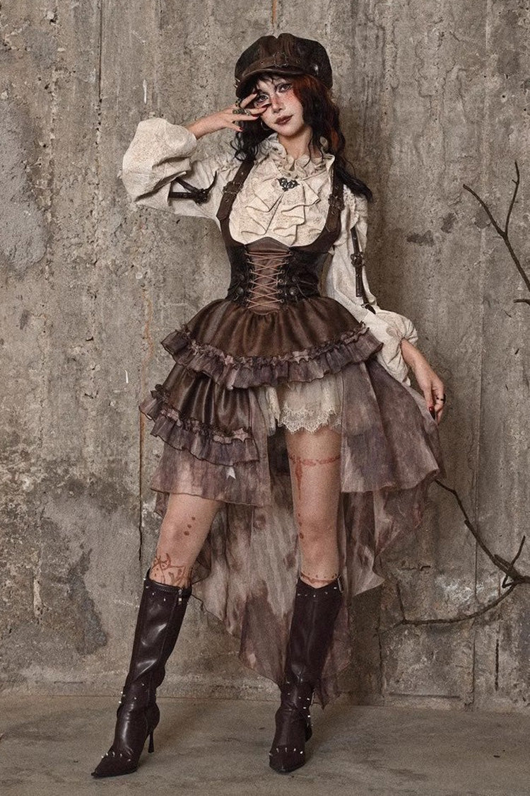 Brown Chest Straps Ruffle Irregular Detachable Tail Punk Lolita Dress - Product - 13