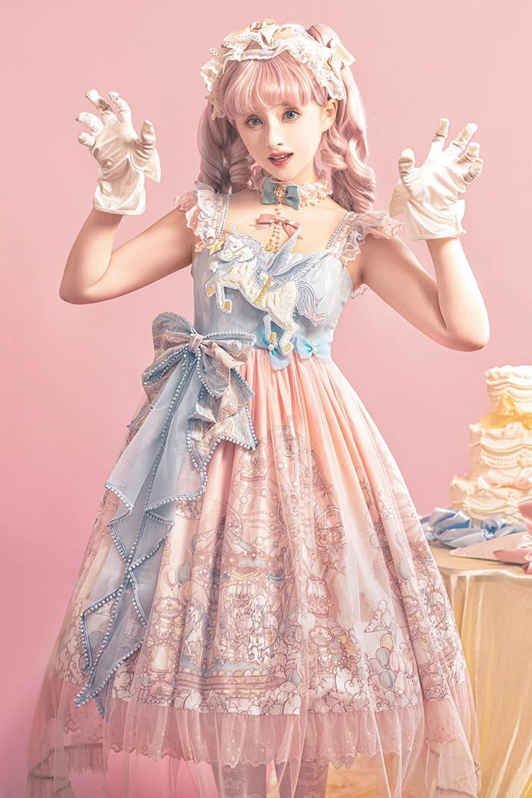 Pink [Cloud Paradise] Print Ruffle Embroidery Bowknot Lace Sweet Lolita Jsk Dress - Pink - 1