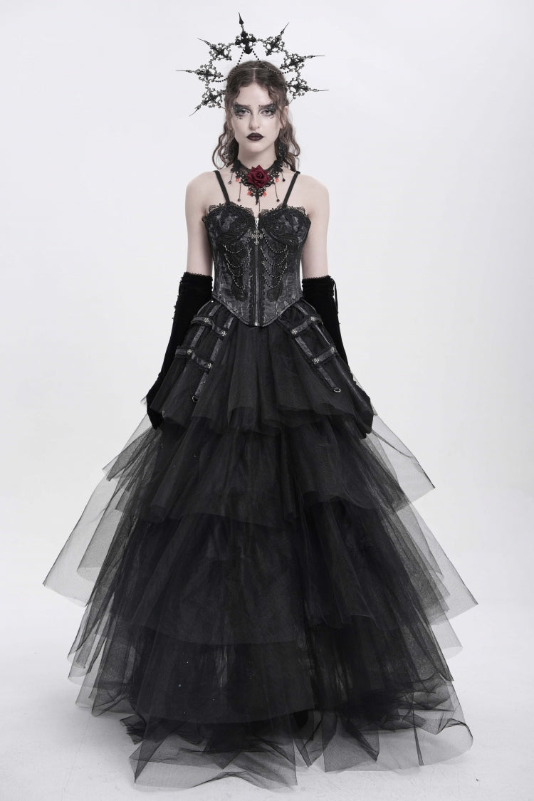 Black Sleeveless Embroidery Lace Chain Women's Gothic Vest - Product - 6