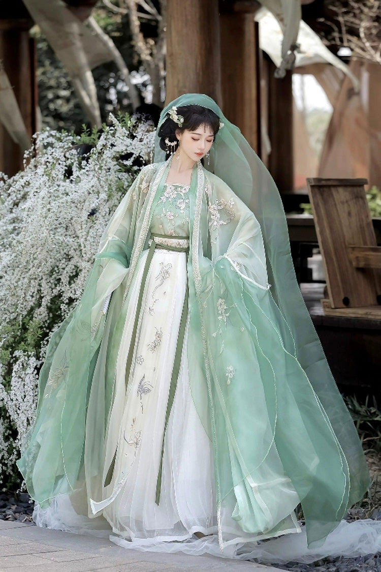 Green [Qingdie] Song Dynasty Ruffle Embroidery Sweet Chinese Style Hanfu Dress Full Set - Product - 3