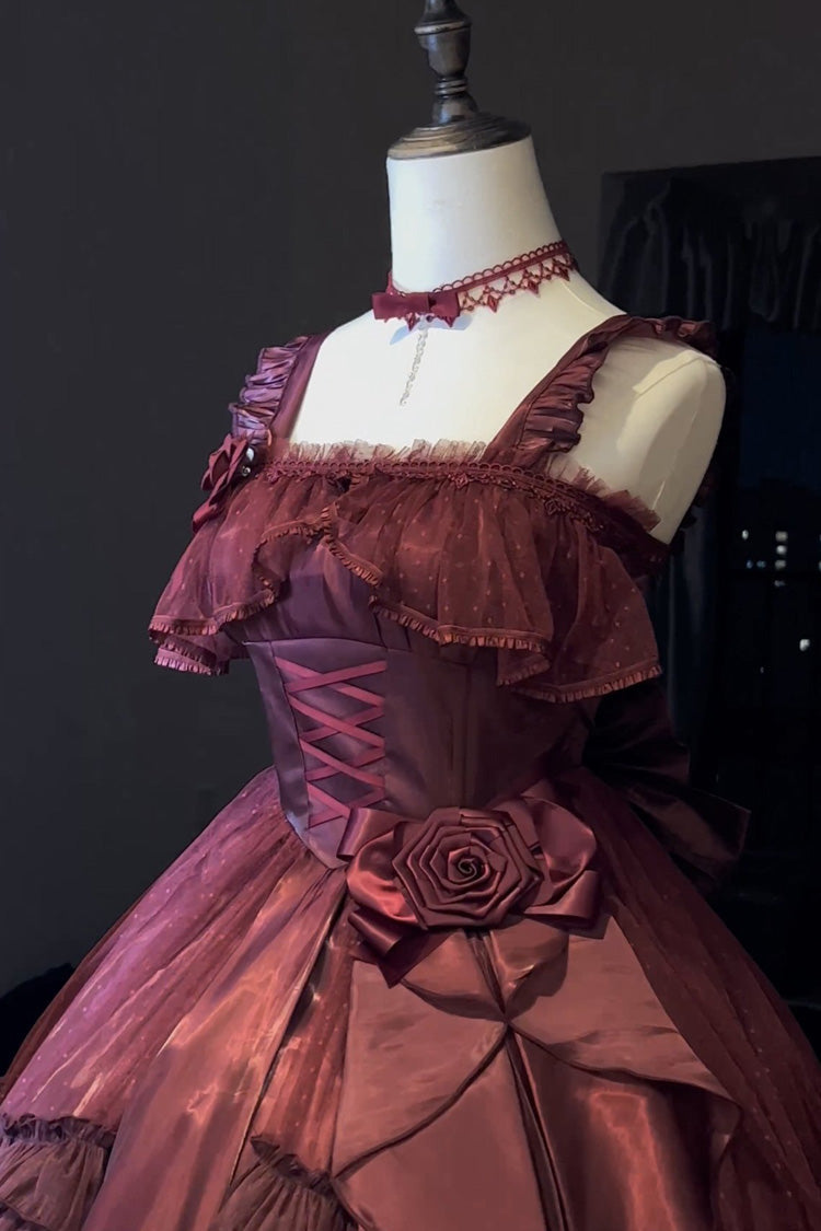 Red Square Collar Sleeveless Ruffled Bow Lace-Up Classic Elegant Princess Lolita Jsk Dress - Product - 4