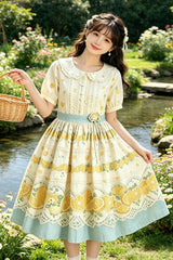 Yellow Doll Collar Short Sleeves Lemon Printed Plus Size Sweet Lolita Dress - Yellow - 1