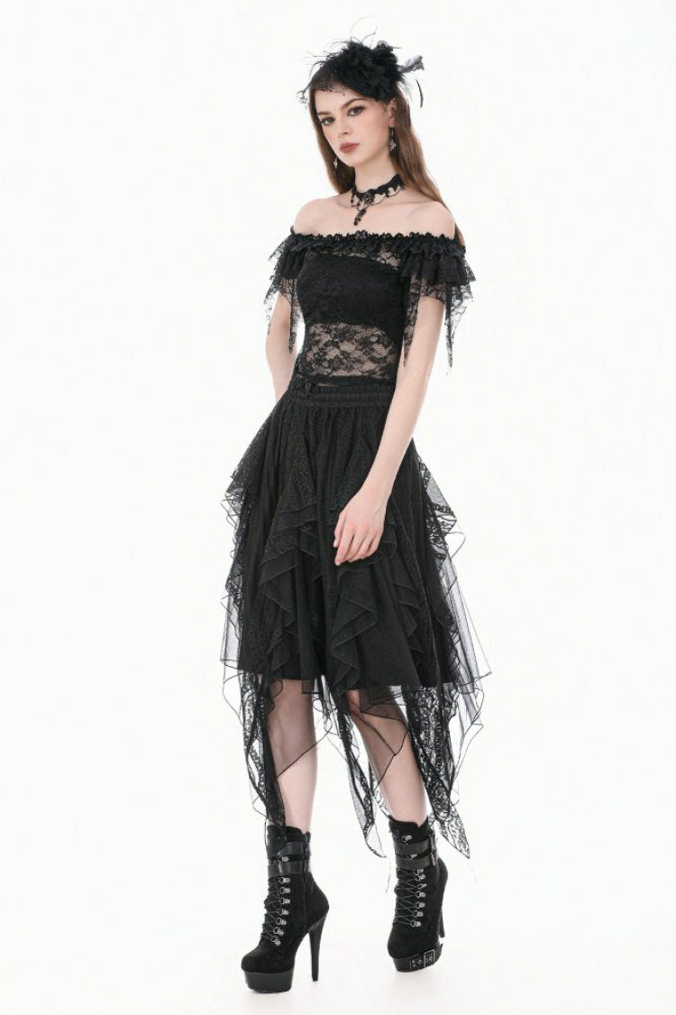 Black Off Shoulder Floral Sheer Lace Women's Gothic Top - Product - 11