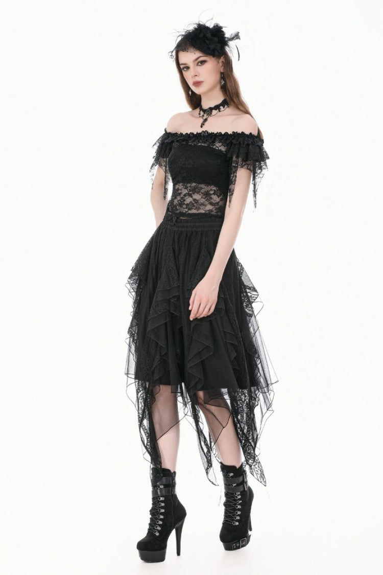 Black Off Shoulder Floral Sheer Lace Women's Gothic Top - Product - 11