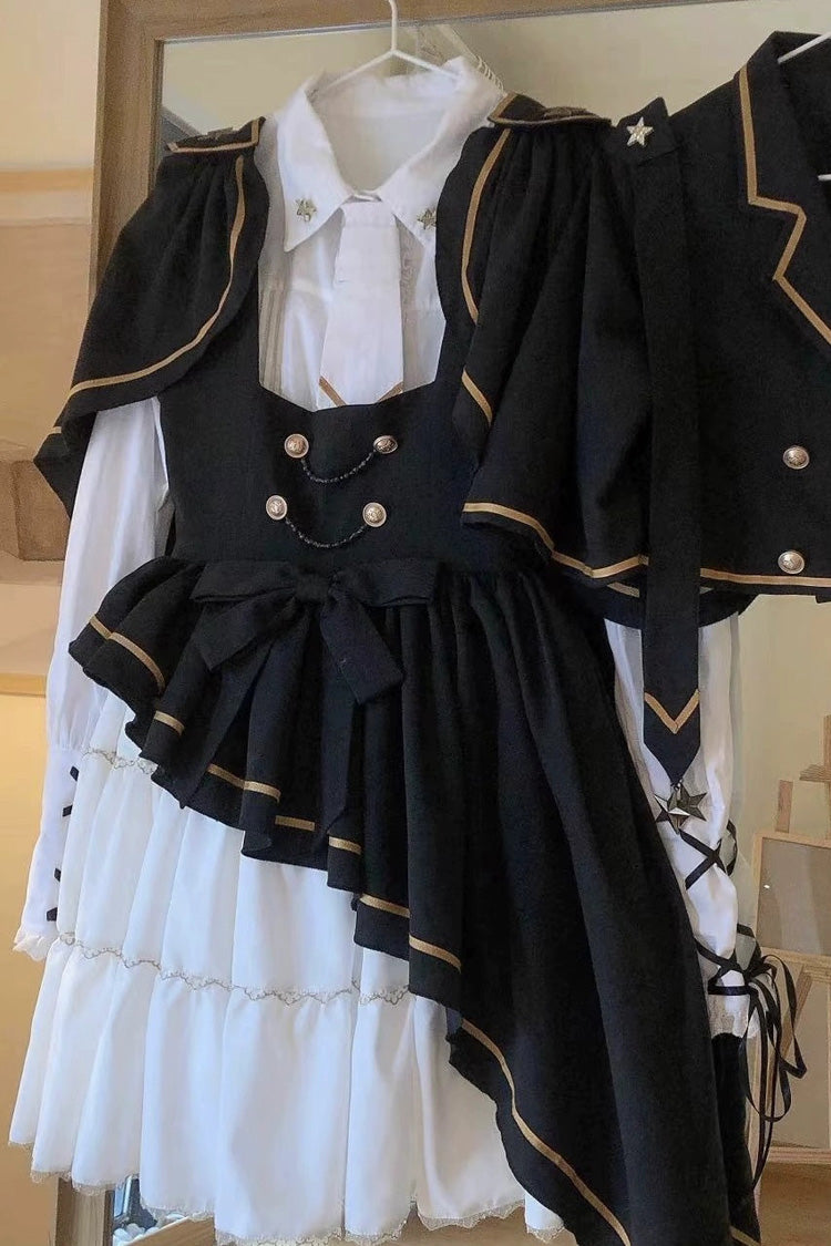 Black/White [Commander] Long Sleeves Ruffle Bowknot Irregular Sweet Lolita Dress Coat Cloak Set - Product - 8