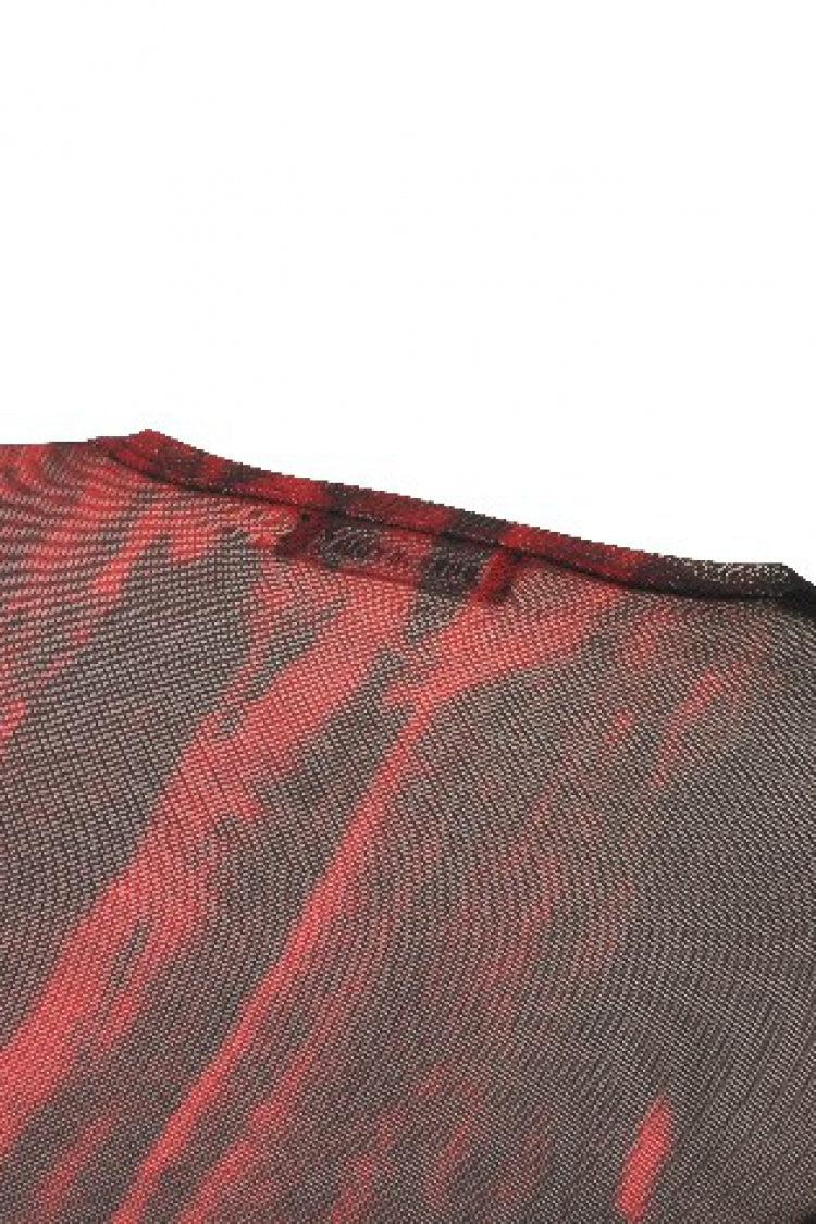Black/Red Round Collar Long Sleeves Sheer Mesh Tie-dyed Women's Gothic Versatile Basic Top - Product - 14