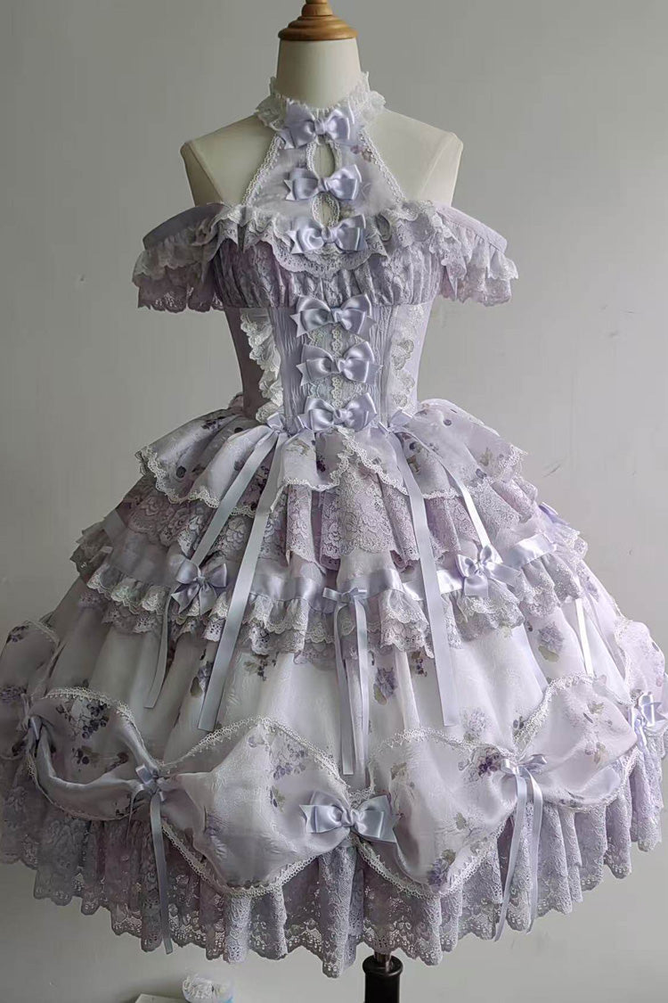 Purple Halterneck Sleeveless Printed Embroidered Bow Sweet Lolita Jsk Dress - Product - 2