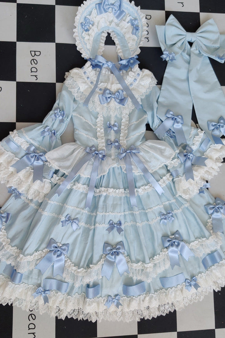 Blue Round Collar Long Trumpet Sleeves Hanayome Bowknot Lace Daily Sweet Elegant Princess Lolita Dress - Product - 6