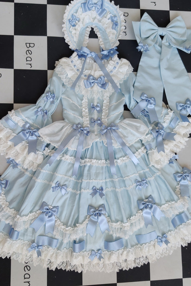 Blue Round Collar Long Trumpet Sleeves Hanayome Bowknot Lace Daily Sweet Elegant Princess Lolita Dress - Product - 6
