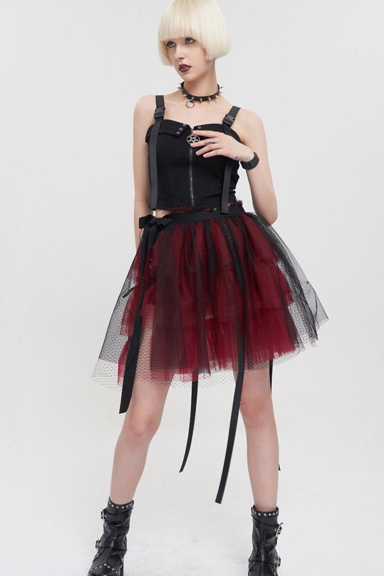 Black/Red Punk Mesh Ruffles Rock Women's Short Skirt - Product - 7