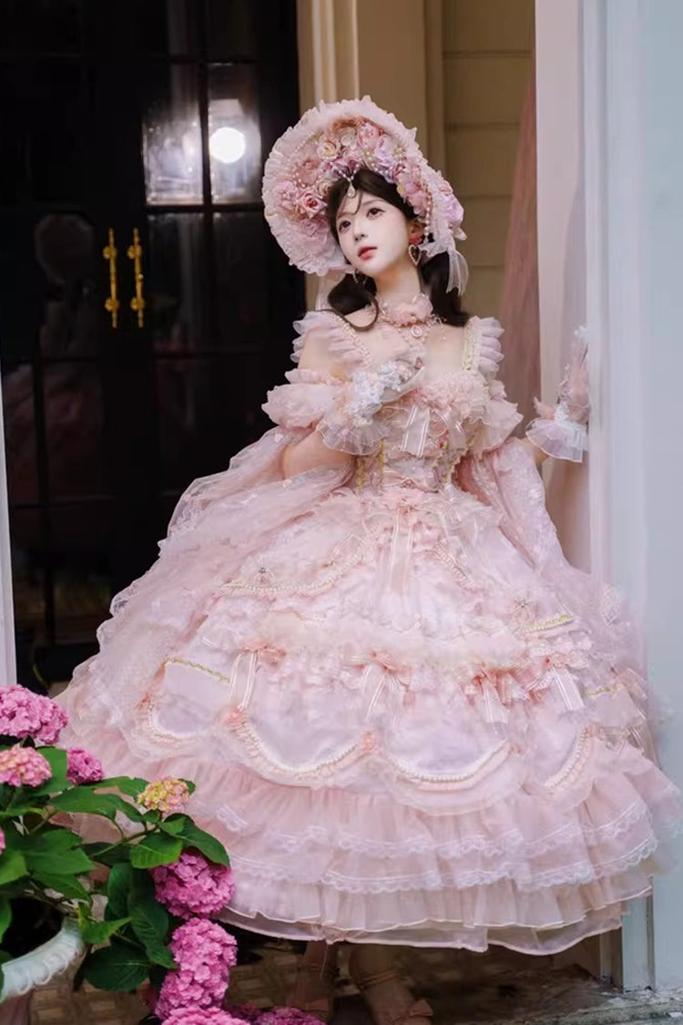 Pink [The Runaway Princess] Sleeveless Multi-Layered Printed Hanayome Bow Lace Pearl-Decorated Sweet Plus Size Gorgeous Lolita Jsk Dress - Product - 10