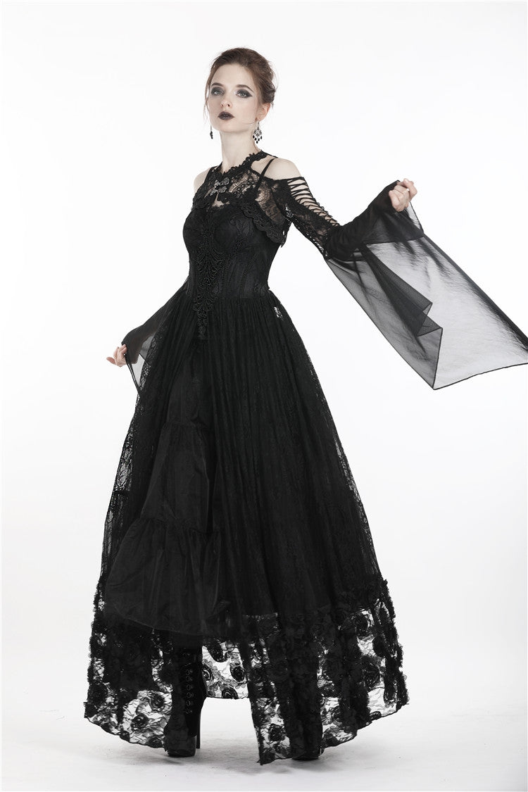 Black Off Shoulder Sheer Lace Long Trumpet Chiffon Sleeves Cut-Out Women's Gothic Capelet - Product - 12