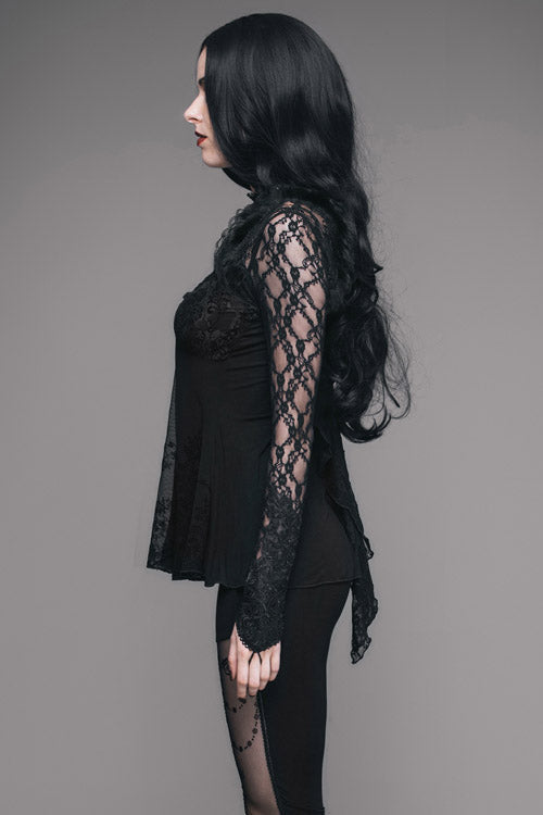 Black Sexy V Neck Mesh Long Sleeves Rose Lace Bottoming Women Gothic T-Shirt - Product - 6