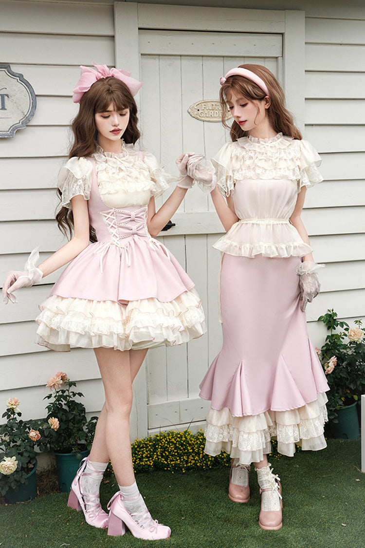 Pink [Love Diary] Multi-Layered Ruffle Bowknot Lace-Up Sweet Lolita Jsk Bustier Dress - Product - 8