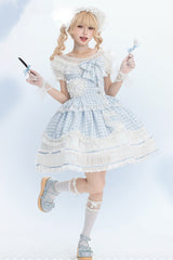 Blue [Tea Break Sweetheart] Short Sleeves Multi-Layered Plaid Print Ruffle Sweet Lolita Dress - Blue - 1
