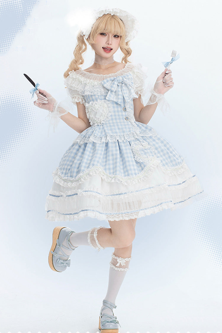 Blue [Tea Break Sweetheart] Short Sleeves Multi-Layered Plaid Print Ruffle Sweet Lolita Dress - Blue - 1