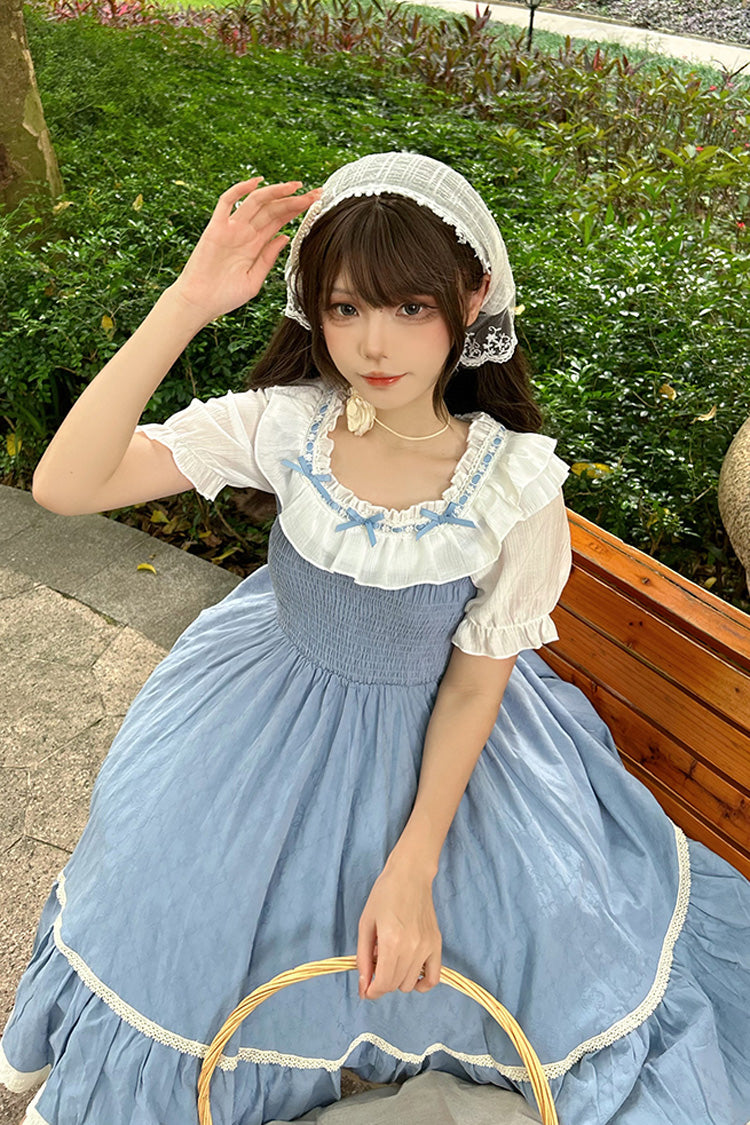 Blue Print Ruffle Stitching Lace Sweet Lolita Strap Dress Set - Product - 8