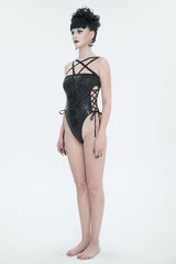 Black Pentagram Print Side Cutout Strap Women's Gothic One Piece Swimsuit - Product - 4