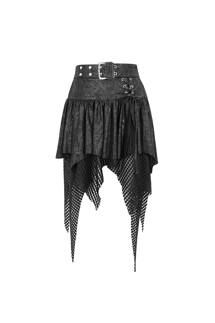 Black Lrregular Mesh Splice Buckle Women's Gothic Skirt - Product - 6