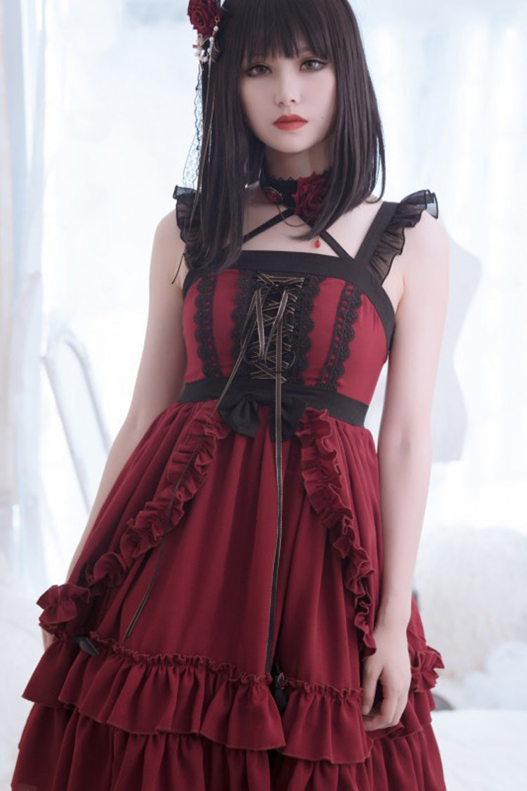 Red [Seven Deadly Sins - Wrath] Double-Layered Ruffle Stitching Lace Gothic Lolita Jsk Dress - Red - 1