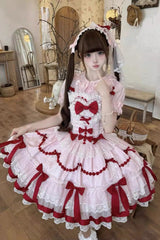 Red/Pink [Scarlet Heart Cocoa] Sleeveless Triple-Layered Ruffle Embroidery Bowknot Lace Sweet Lolita Jsk Dress - Product - 2