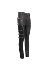 Black Tight Leather Multi Buckle Splice Women's Punk Pants - Product - 8