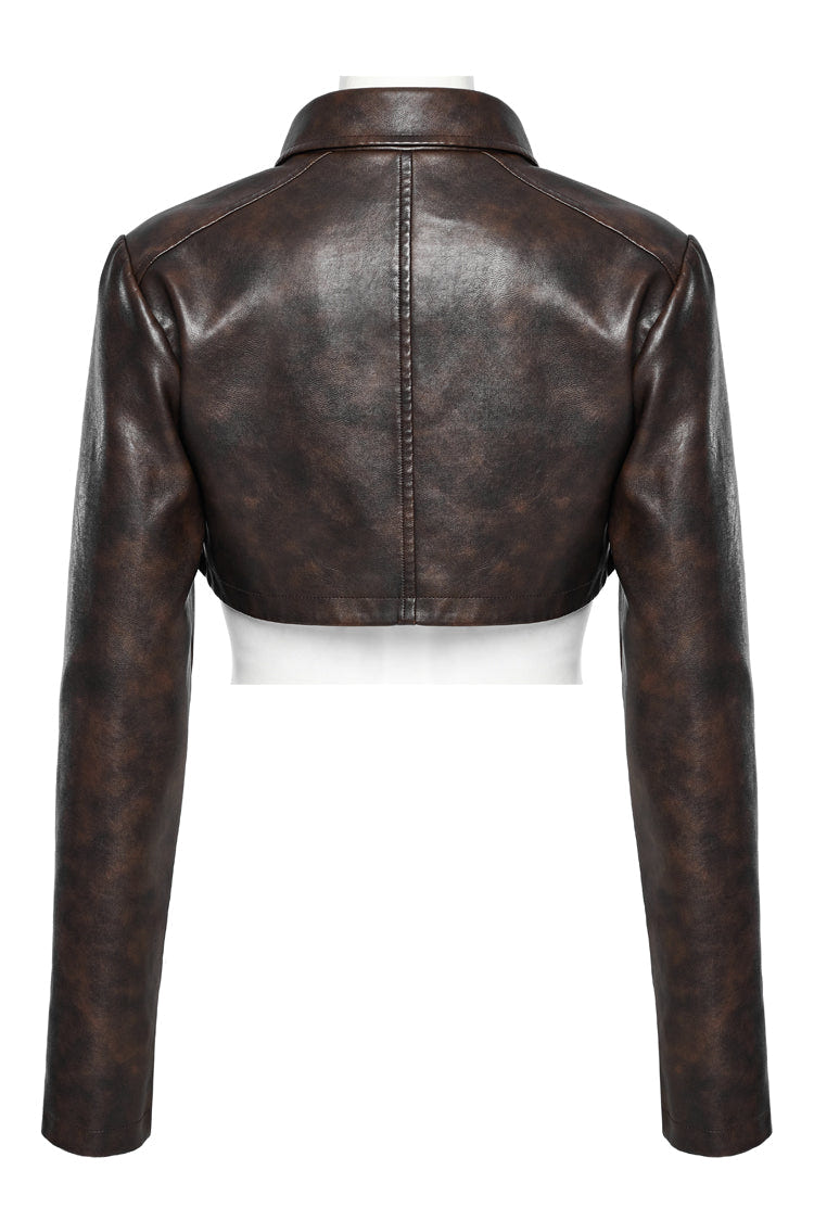 Brown Lapel Collar Long Sleeves Stitching Women's Faux Leather Punk Short Jacket - Product - 7