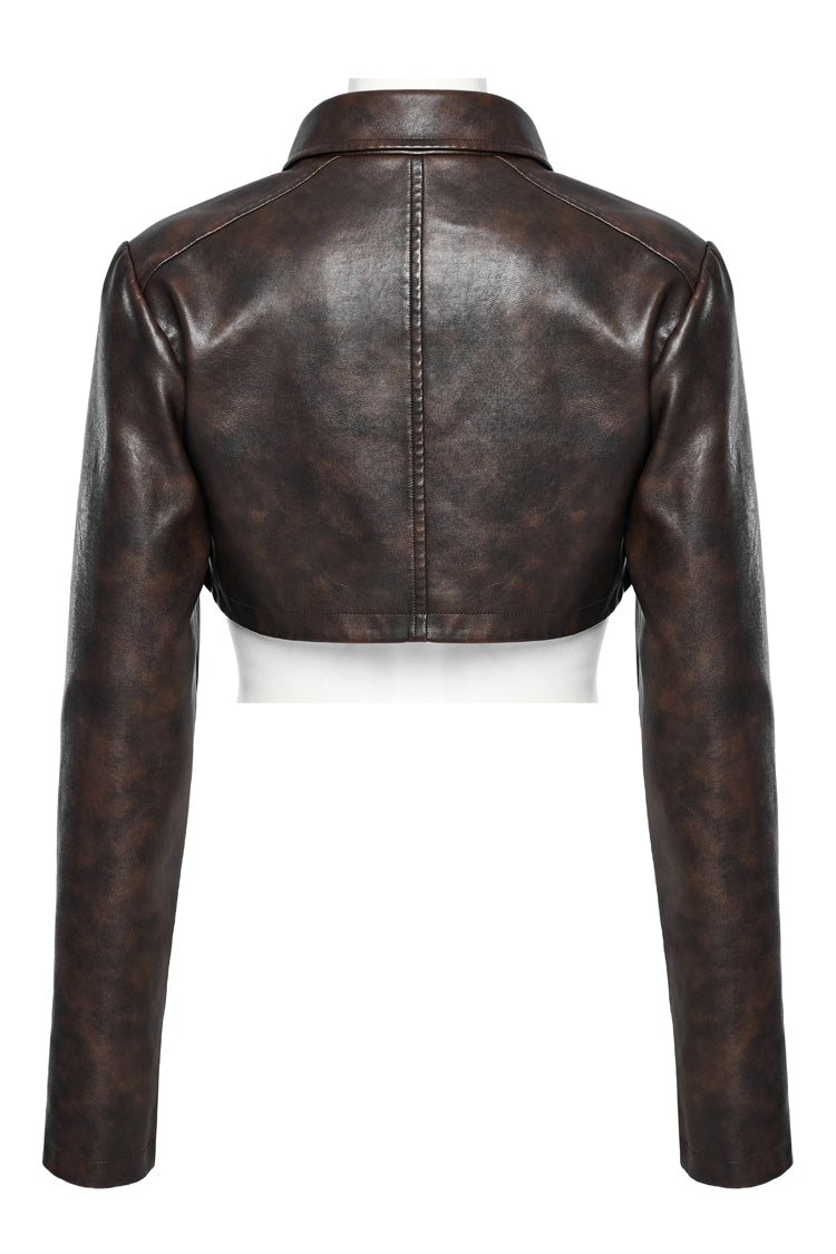 Brown Lapel Collar Long Sleeves Stitching Women's Faux Leather Punk Short Jacket - Product - 7
