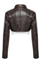 Brown Lapel Collar Long Sleeves Stitching Women's Faux Leather Punk Short Jacket - Product - 7
