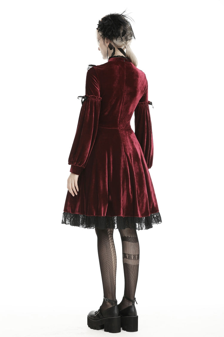 Red Vintage Long Sleeves Lace Collar Cross Women's Gothic Velet Dress - Product - 4