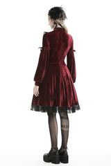 Red Vintage Long Sleeves Lace Collar Cross Women's Gothic Velet Dress - Product - 4